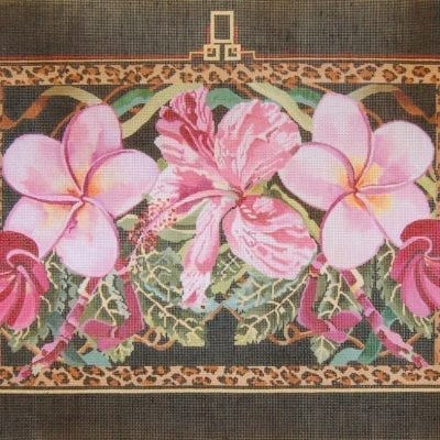 Pink Hibiscus And Plumerias / Leopard Border