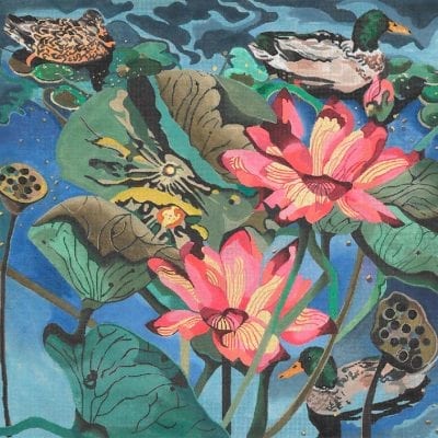 Lotus Blossoms And Mallard Ducks